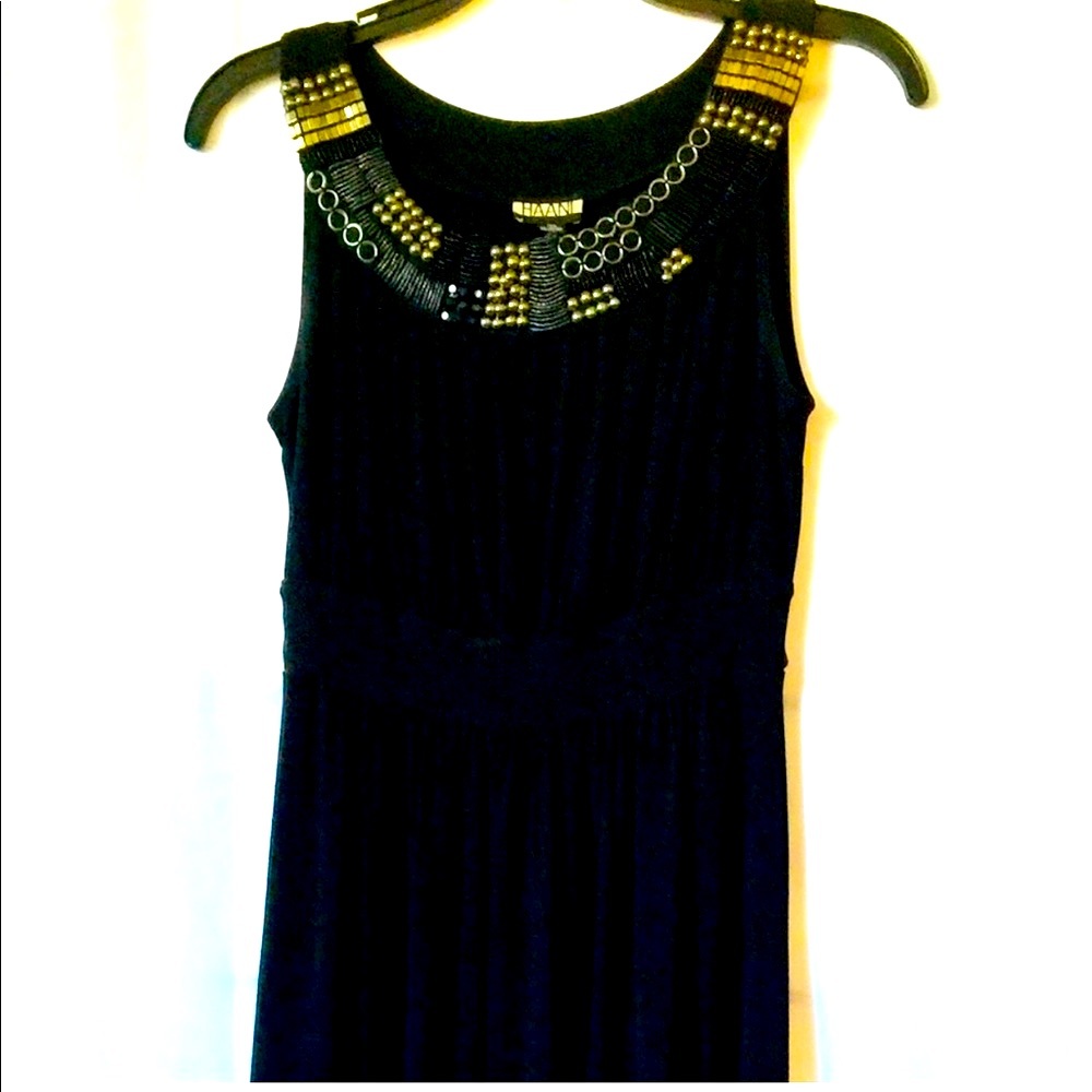 HAANI Beautiful Beaded Embellished Neckline Black Flowing Maxi Dress